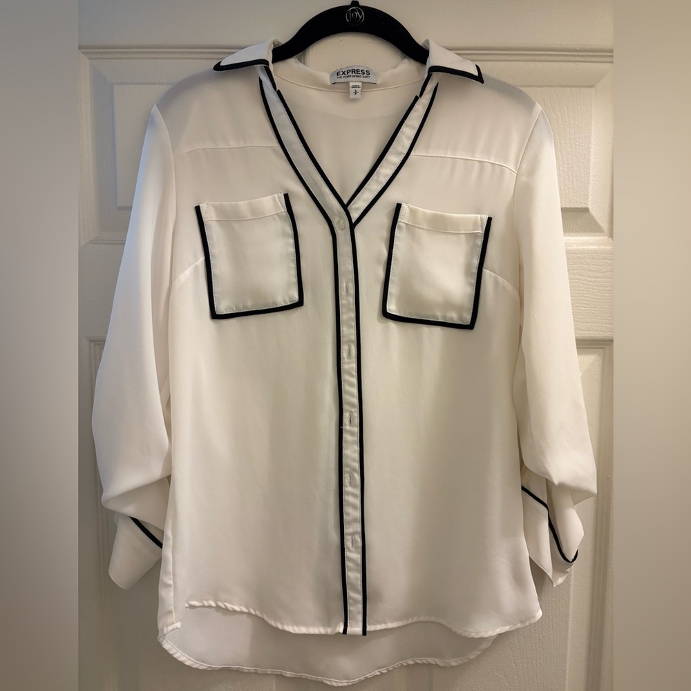 EXPRESS Portofino Button-Up Shirt, Off-White with Black Trim